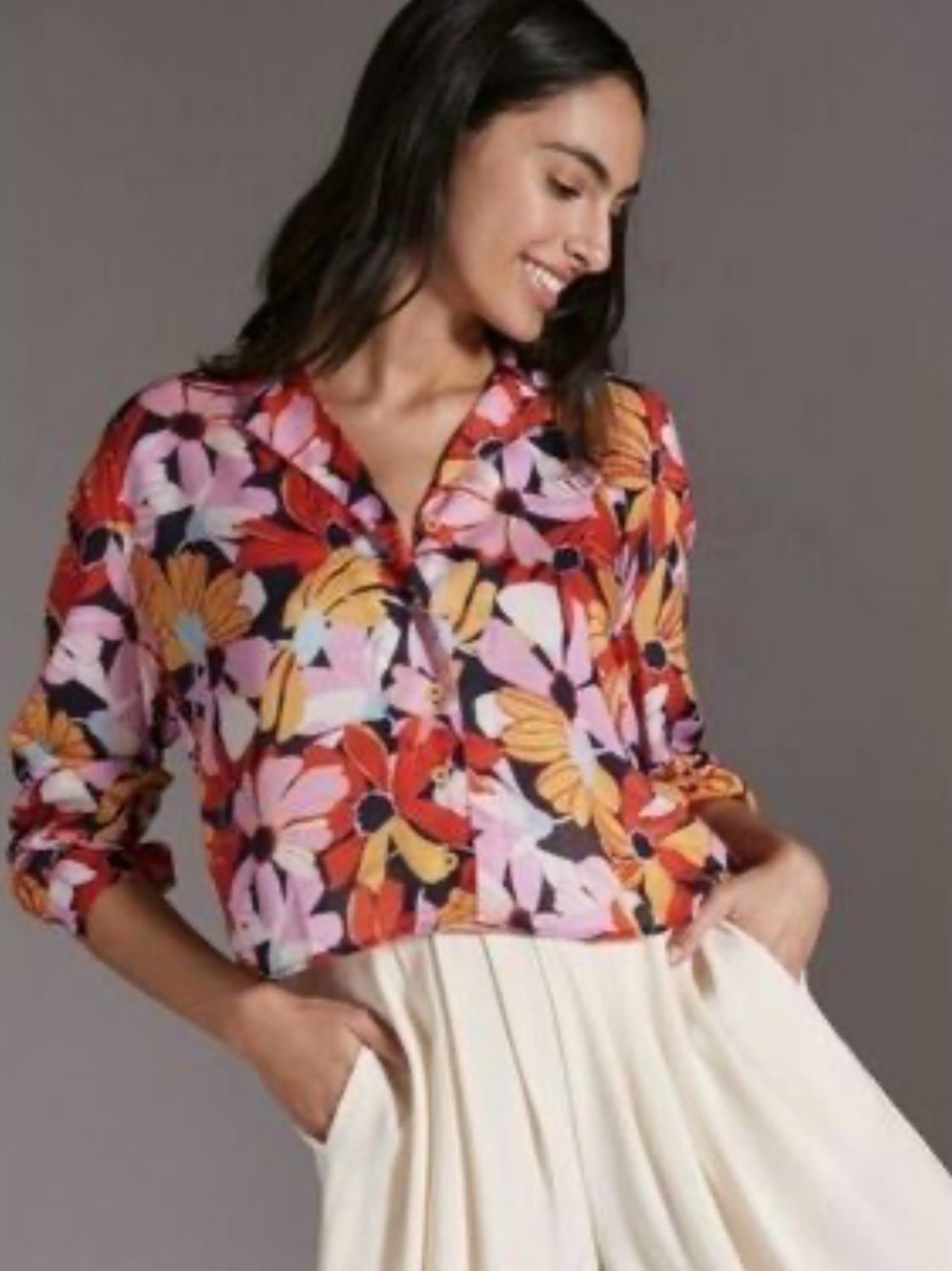Maeve Anthropologie Floral V-Neck Button Blouse S